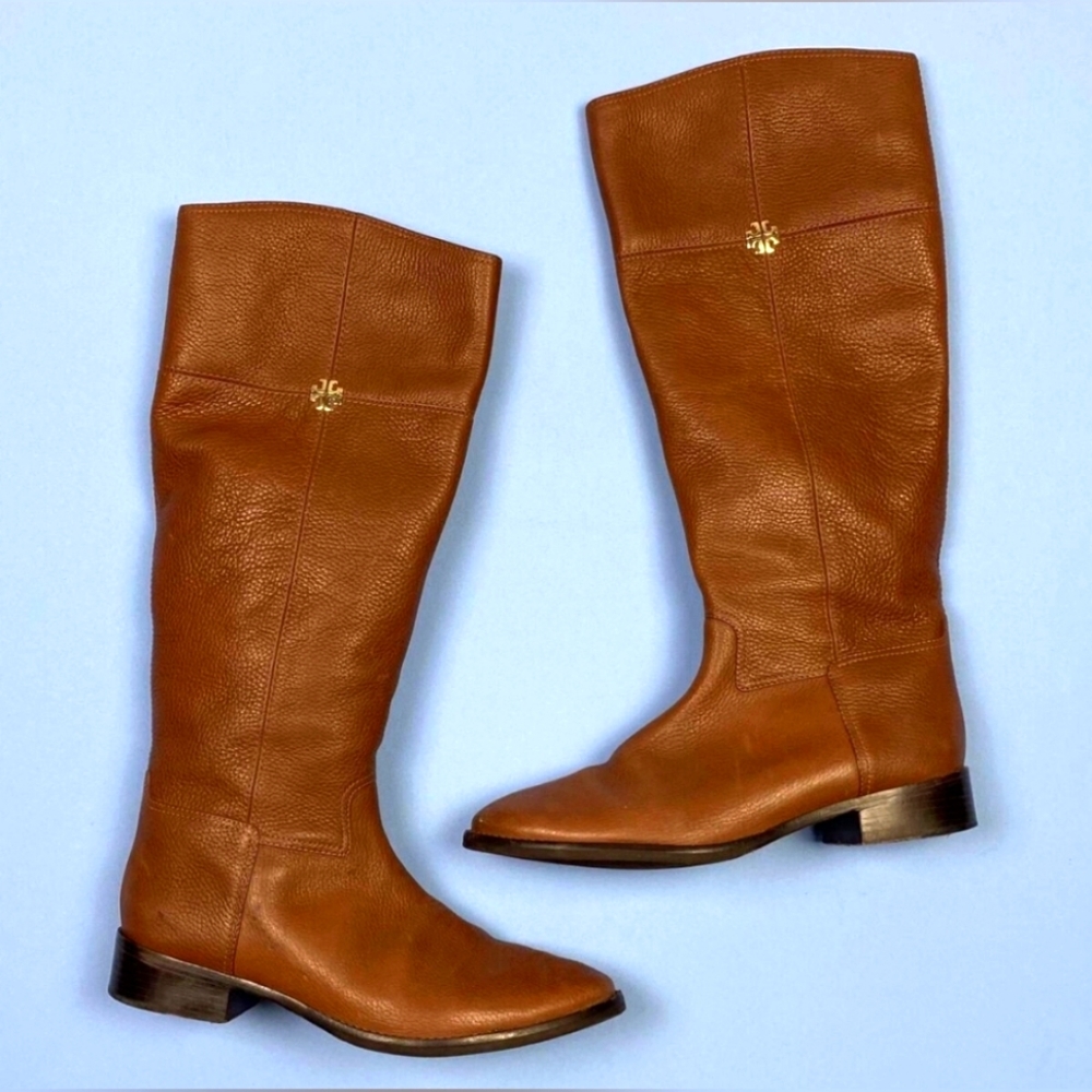 Tory Burch Brown Pebbled Leather Jolie Tall Knee High Logo Riding Boots Sz 8.5